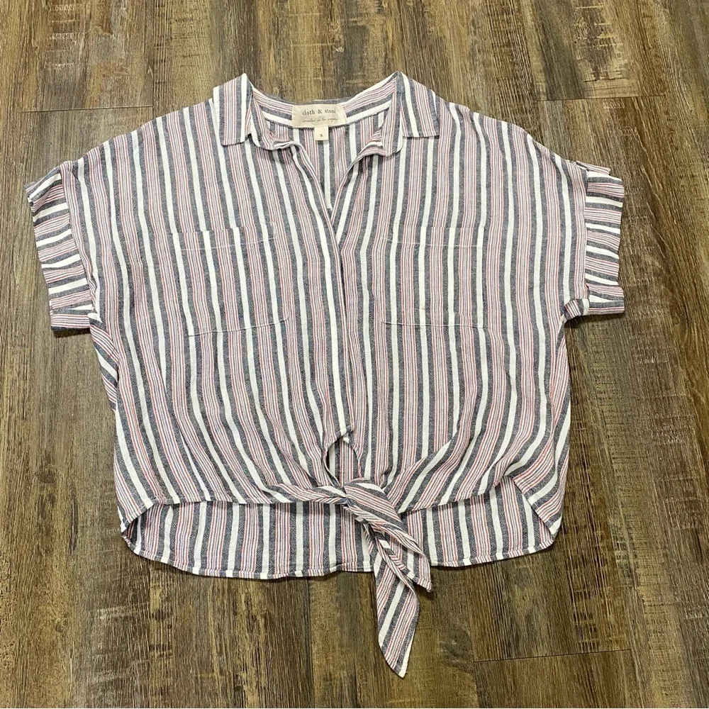 Cloth And Stone Striped Button-Up Tie-Front Top Rayon Linen Blend‎